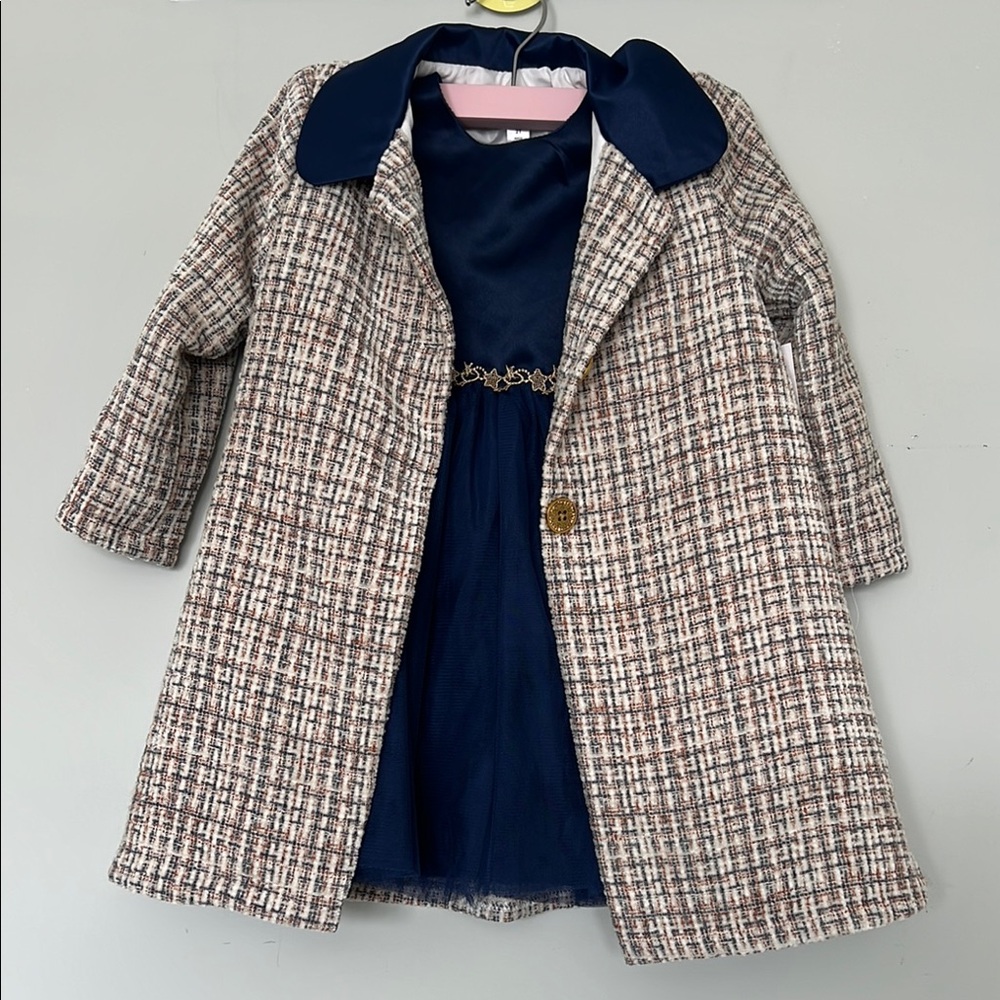 Stylish toddler girl Plaid Coat with Navy Dress 2T